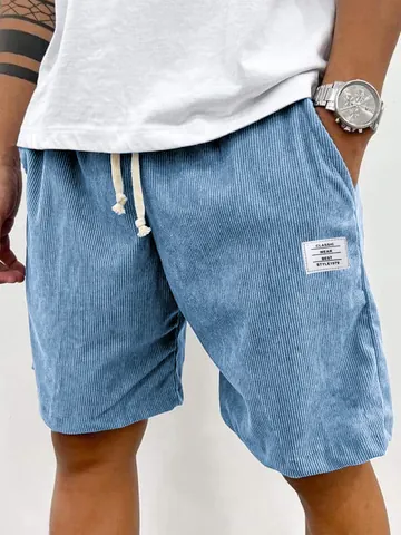 Short en Velours Côtelé Décontracté Vintage pour Hommes avec Taille à Cordon et Détail de Patch Streetwear Été Pantalon Large Bottom
