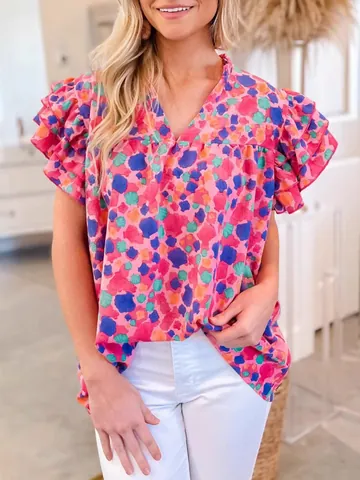 Women's Casual Polyester Printed V-Neck Blouse New Fashion Ruffle Fly Sleeve Shell Pattern Summer Sweet Short Sleeve Top Female Shirt