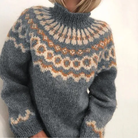 Women Vintage Geometric Jacquard High Neck Knitwear Sweater Loose Fit Long Sleeve Raglan Top For Autumn Winter