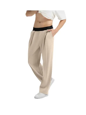 Men Casual Knit Pants Contrast Elastic Waistband Patchwork Straight Leg Trousers Polyester Cotton Blend Soft Fashion Bottoms