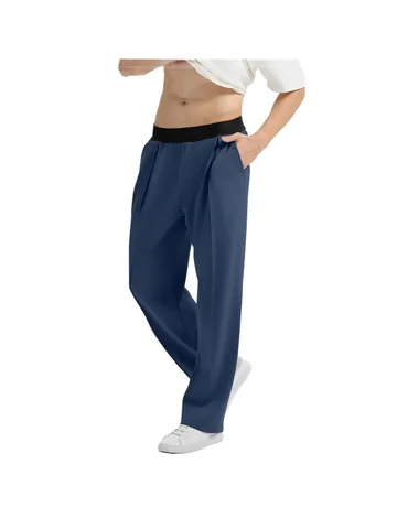 Men Casual Knit Pants Contrast Elastic Waistband Patchwork Straight Leg Trousers Polyester Cotton Blend Soft Fashion Bottoms