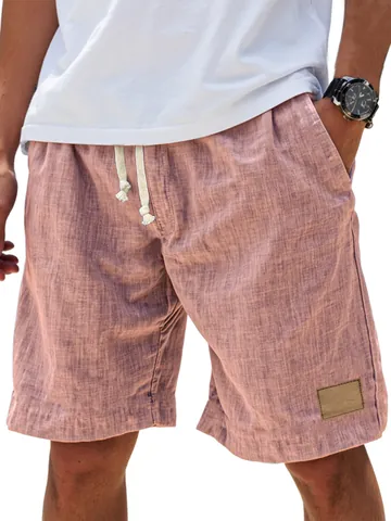 Men Casual Drawstring Shorts Thin Polyester Imitation Linen Texture Bottom Summer Beach Sports Pants With Pocket Leather Label