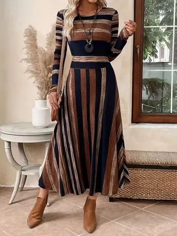 Women Autumn Winter Round Neck Long Sleeve Striped Patchwork Maxi Dress Waist Tie Slim Fit A-Line Large Swing Dress