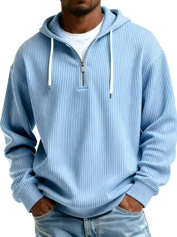 Men Fall Winter 1/4 Zip Ribbed Hoodie Loose Casual Long Sleeve Sweatshirt With Drawstring Solid Color Hooded Top Men Sportswear