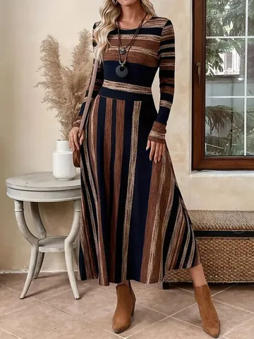 Women Autumn Winter Round Neck Long Sleeve Striped Patchwork Maxi Dress Waist Tie Slim Fit A-Line Large Swing Dress