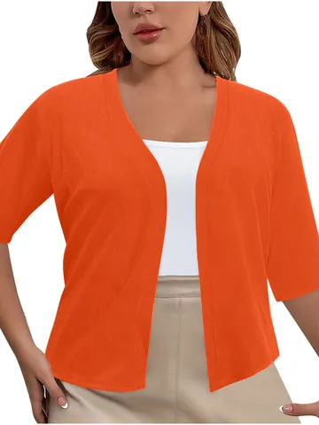 Women Elegant Short Sleeve Open Front Knit Cardigan Solid Color Plus Size Casual Polyester Spandex Shawl Knitwear Top