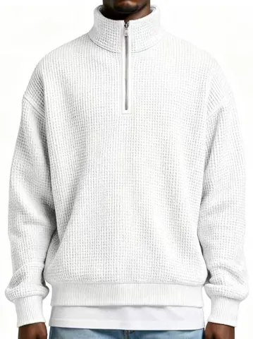 Men Casual Waffle Knit Quarter Zip Sweatshirt Loose Fit Long Sleeve Stand Collar Pullover Sporty Solid Color Fall Winter Top