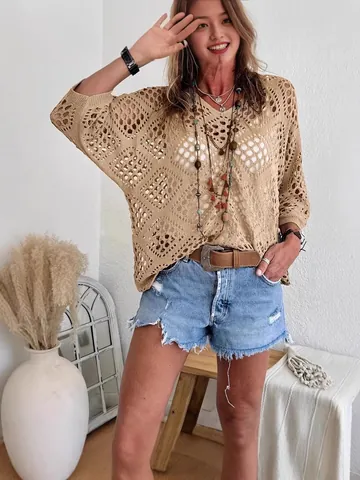 Women V-Neck Diamond Hollow Out Batwing Sleeve Polyester Knit Sweater Cover-up Boho Loose Casual Crochet Pullover Top