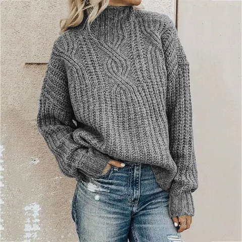 Women's European Style Cable Knit Turtleneck Sweater Casual Loose Long Sleeve Acrylic Pullover Warm Winter Knitwear Top