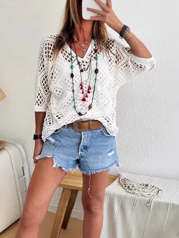 Women V-Neck Diamond Hollow Out Batwing Sleeve Polyester Knit Sweater Cover-up Boho Loose Casual Crochet Pullover Top