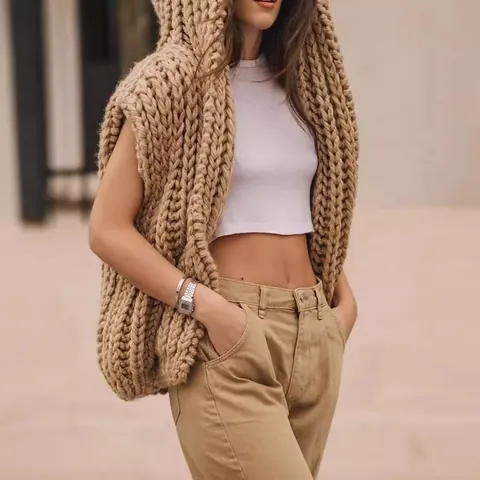Women's Chunky Knit Hooded Sweater Vest Sleeveless Acrylic Cardigan Open Front Geometric Pattern Warm Casual Vintage Top