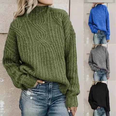 Women's European Style Cable Knit Turtleneck Sweater Casual Loose Long Sleeve Acrylic Pullover Warm Winter Knitwear Top