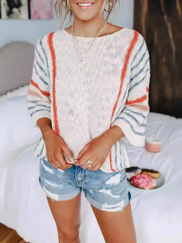 Dames Gestreepte Kleurblok Klokmouwen Gebreide Trui Top Losse Casual Acryl Ronde Hals Opengewerkt Pullover Streetwear