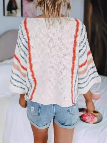 Women's Striped Color Block Flare Sleeve Knit Sweater Top Loose Casual Acrylic Round Neck Hollow Out Pullover Streetwear
