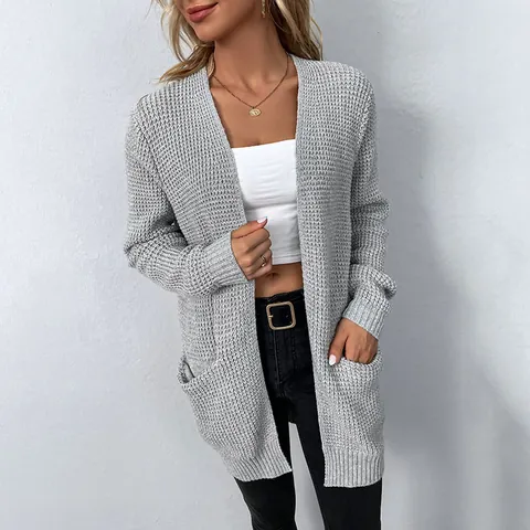 Women Waffle Knit Cardigan Long Sleeve Open Front Sweater Outerwear With Pockets Loose Fit Casual Elegant Knitwear Solid Color