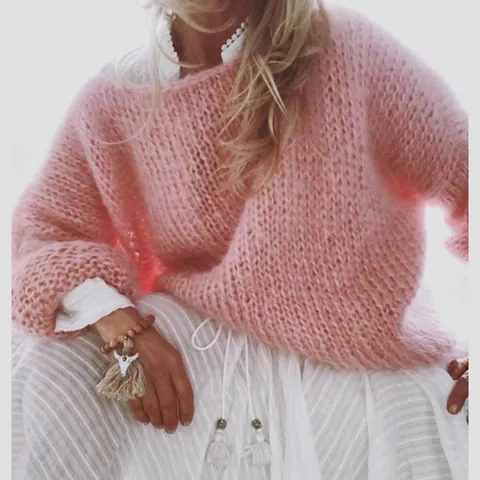 Damen Faux Mohair Acryl Strickpullover Rundhalsausschnitt Langarm Lose Pullover Top Weich Warm Herbst Winter Lässige Streetwear Strickwaren