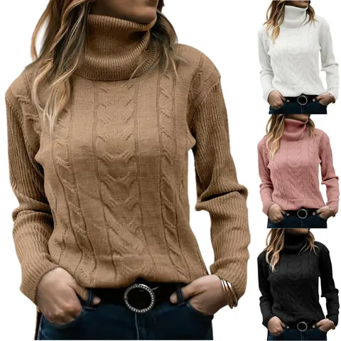 Suéter de Cuello Alto de Punto de Ocho para Mujer Color Sólido Manga Larga Empalme Pullover de Acrílico Top de Punto Casual