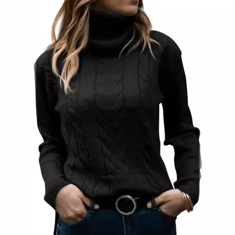 Suéter de Cuello Alto de Punto de Ocho para Mujer Color Sólido Manga Larga Empalme Pullover de Acrílico Top de Punto Casual