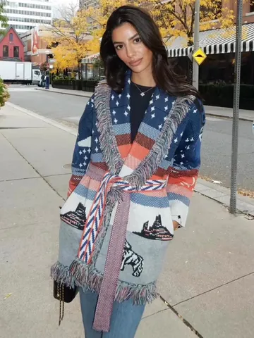 Women's Bohemian Wool Blend Cardigan Heavy Jacquard Tassel Shawl Mid-length Ethnic Vintage Knit Sweater With Belt Top