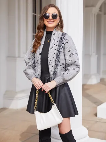 Bohemian Geometric Jacquard Wool Blend Tassel Knit Cardigan For Women Vintage Short Sweater Jacket Ethnic Style Autumn