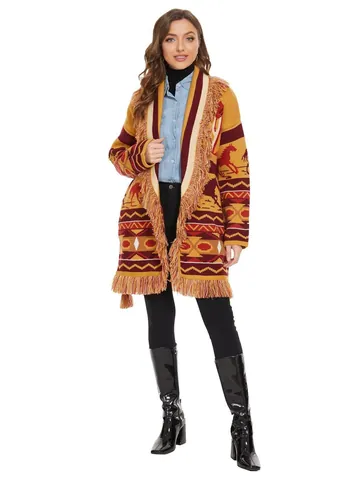 Women's Bohemian Tassel Knit Cardigan Vintage Horse Jacquard Mid-Length Sweater Wool Blend Open Front Vacation Jacket Top