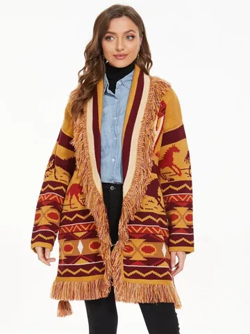 Women's Bohemian Tassel Knit Cardigan Vintage Horse Jacquard Mid-Length Sweater Wool Blend Open Front Vacation Jacket Top