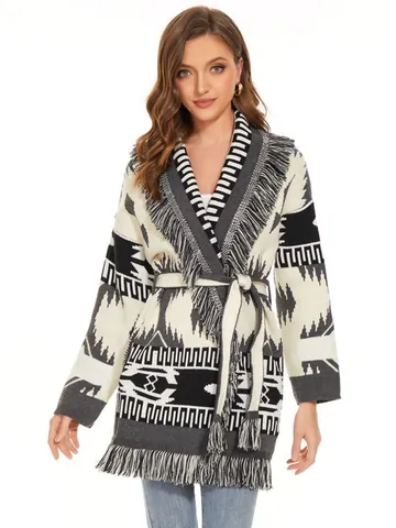 Women Bohemian Geometric Knit Cardigan Coat With Tassel Trim Belted Long Sleeve Thick Ethnic Style Winter Sweater Outerwear