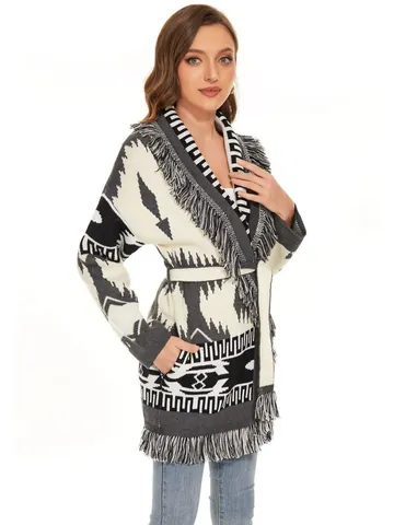 Women Bohemian Geometric Knit Cardigan Coat With Tassel Trim Belted Long Sleeve Thick Ethnic Style Winter Sweater Outerwear