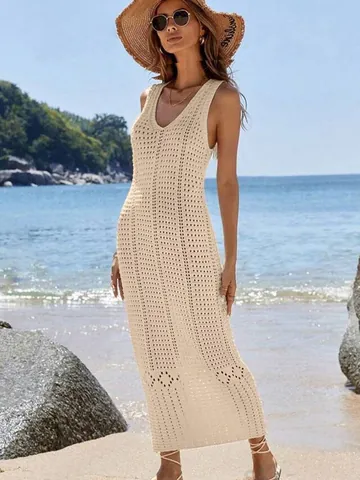 Women Bohemian Knit Crochet Hollow Out Bikini Cover Up Dress Sexy Deep V Neck Sleeveless Solid Long Beachwear Sundress