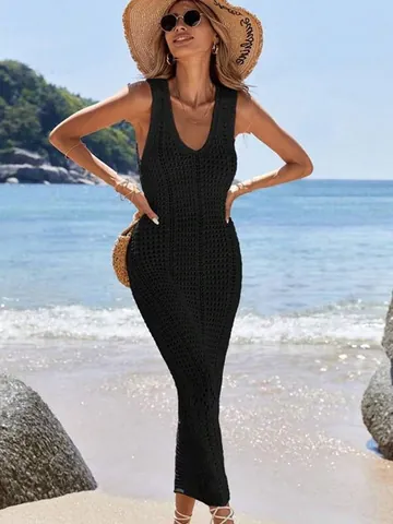 Women Bohemian Knit Crochet Hollow Out Bikini Cover Up Dress Sexy Deep V Neck Sleeveless Solid Long Beachwear Sundress