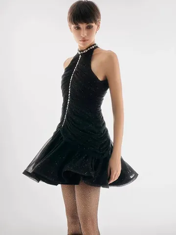 Women Sexy Halter Rhinestone Mini Dress Ruched Sleeveless Bodycon Party Dress Polyester Lightweight Evening Clubwear Dress
