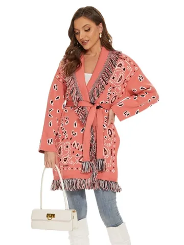 Women's Plus Size Wool Blend Jacquard Knit Cardigan Bohemian Fringe Open Front Belted Loose Sweater Coat Top