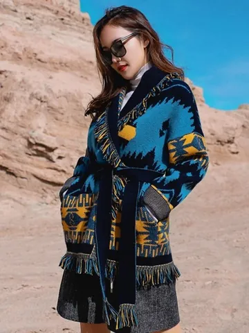 Women Bohemian Geometric Jacquard Wool Blend Tassel Cardigan Ethnic Retro Mid-length Belted Long Sleeve Lapel Sweater Coat Outerwear