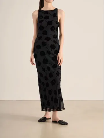 Elegant Viscose Sleeveless Round Neck Maxi Dress With 3D Flocking Rose Pattern Burnout Long Tank Dress For Women Party