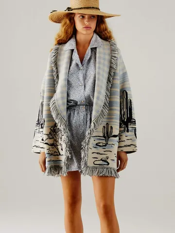 Cárdigan de Punto Jacquard Cactus para Mujer Longitud Media Borlas Solapa Grande Suéter Abrigo Bohemio Vintage Cachemira Top