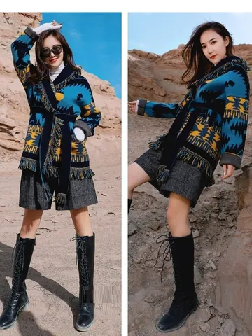 Women Bohemian Geometric Jacquard Wool Blend Tassel Cardigan Ethnic Retro Mid-length Belted Long Sleeve Lapel Sweater Coat Outerwear