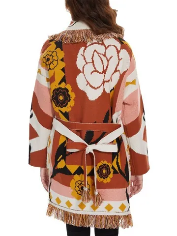 Cardigan in Maglia di Lana Spessa Lunghezza Media Stile Bohémien Vintage con Rose e Frange per Donna Giacca Stile Etnico