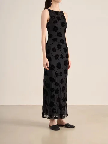Elegant Viscose Sleeveless Round Neck Maxi Dress With 3D Flocking Rose Pattern Burnout Long Tank Dress For Women Party
