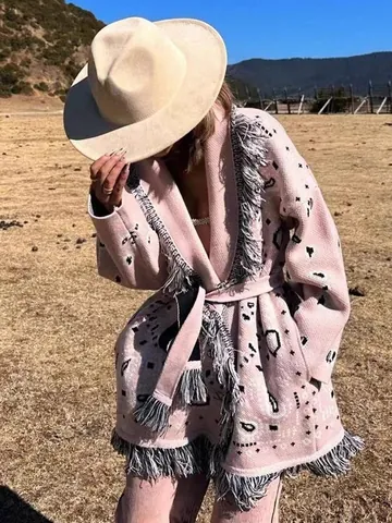 Women Bohemian Jacquard Wool Blend Cardigan Retro Fringe Lapel Knit Sweater Mid-Length Loose Waist Tie Top Ethnic Outerwear Coat