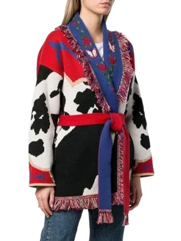 Ethnic Style Women Wool Blend Embroidered Sweater Coat Vintage Cow Pattern Jacquard Cardigan With Tassels And Belt Top