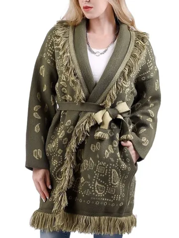 Women Retro Bohemian Wool Blend Cardigan Loose Paisley Jacquard Knit Sweater Outerwear With Tassels And Belt Vacation Style Top