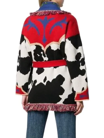 Ethnic Style Women Wool Blend Embroidered Sweater Coat Vintage Cow Pattern Jacquard Cardigan With Tassels And Belt Top