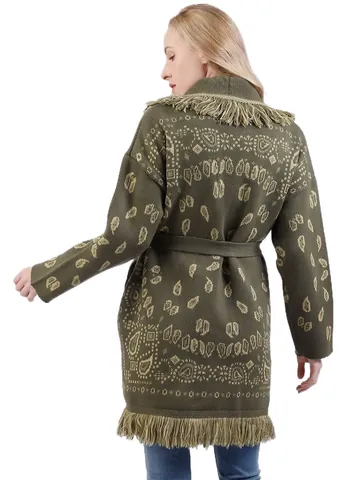 Women Retro Bohemian Wool Blend Cardigan Loose Paisley Jacquard Knit Sweater Outerwear With Tassels And Belt Vacation Style Top