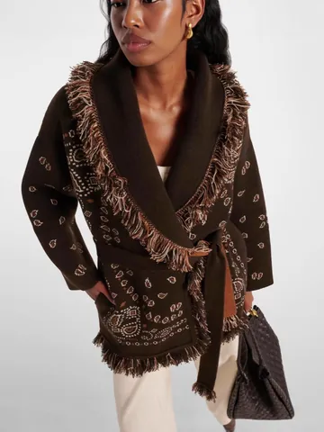 Women Thickened Wool Blend Jacquard Knit Cardigan With Tassels Mid-Length Loose Fringed Sweater Coat With Belt