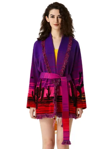 Cardigan in Maglia con Frange Bohemien Retrò Viola in Misto Lana Donna Autunno Inverno Paesaggio con Cintura Maglione