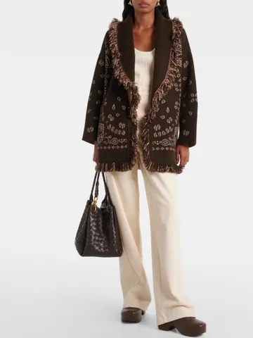 Women Thickened Wool Blend Jacquard Knit Cardigan With Tassels Mid-Length Loose Fringed Sweater Coat With Belt