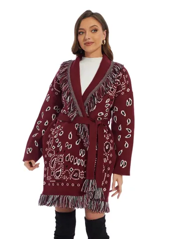 Women's Vintage Wine Red Thickened Wool Blend Cardigan Bohemian Fringe Jacquard Lapel Mid-Length Sweater Coat Top With Belt