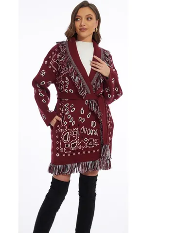 Women's Vintage Wine Red Thickened Wool Blend Cardigan Bohemian Fringe Jacquard Lapel Mid-Length Sweater Coat Top With Belt