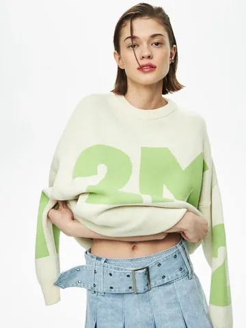 Women's Casual Oversized Knit Sweater Crew Neck Letter Pattern Long Sleeve Pullover Autumn Winter Soft Core Spun Yarn Fashion Top