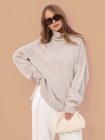 Women Casual Oversized High Neck Knit Sweater Acrylic Long Sleeve Loose Pullover Jumper For Autumn Winter